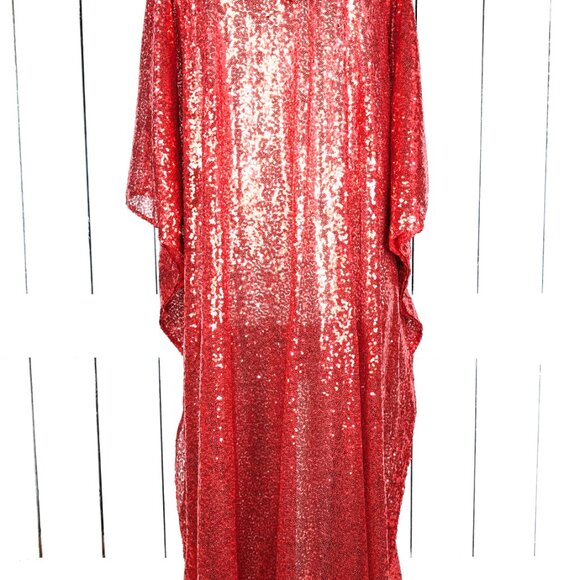Red sequins kimono vneck caftan cover up tunic dress - Picture 2 of 5
